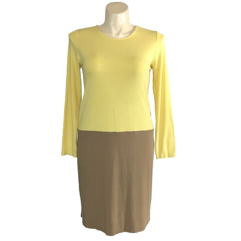 J Jill Dress MED Yellow Tan Color Block Wearever Collection Midi‎ T Shirt Shift